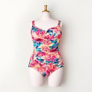 Maxine of Hollywood Floral One Piece Swimsuit Ruched Tummy Control Retro
